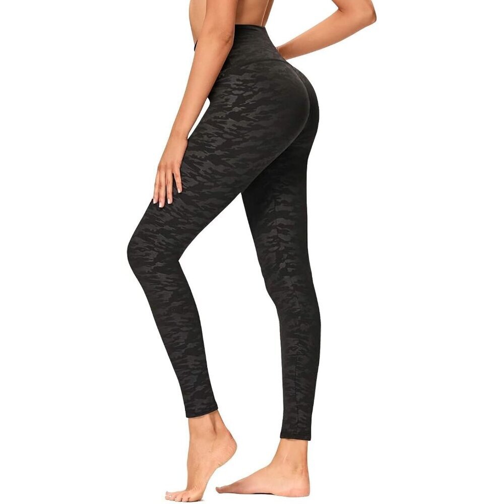 Women's Black Camouflage Opaque Slim Tummy Control Printed High Waisted Leggings